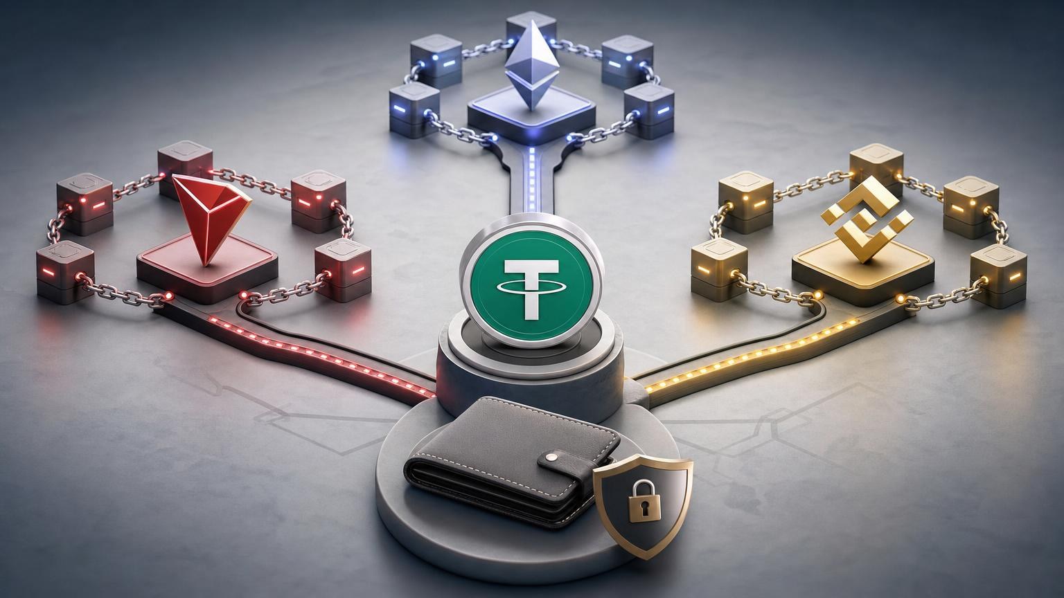 USDT shown across the TRON, Ethereum and BNB Smart Chain networks with a decision matrix for choosing an exchange route