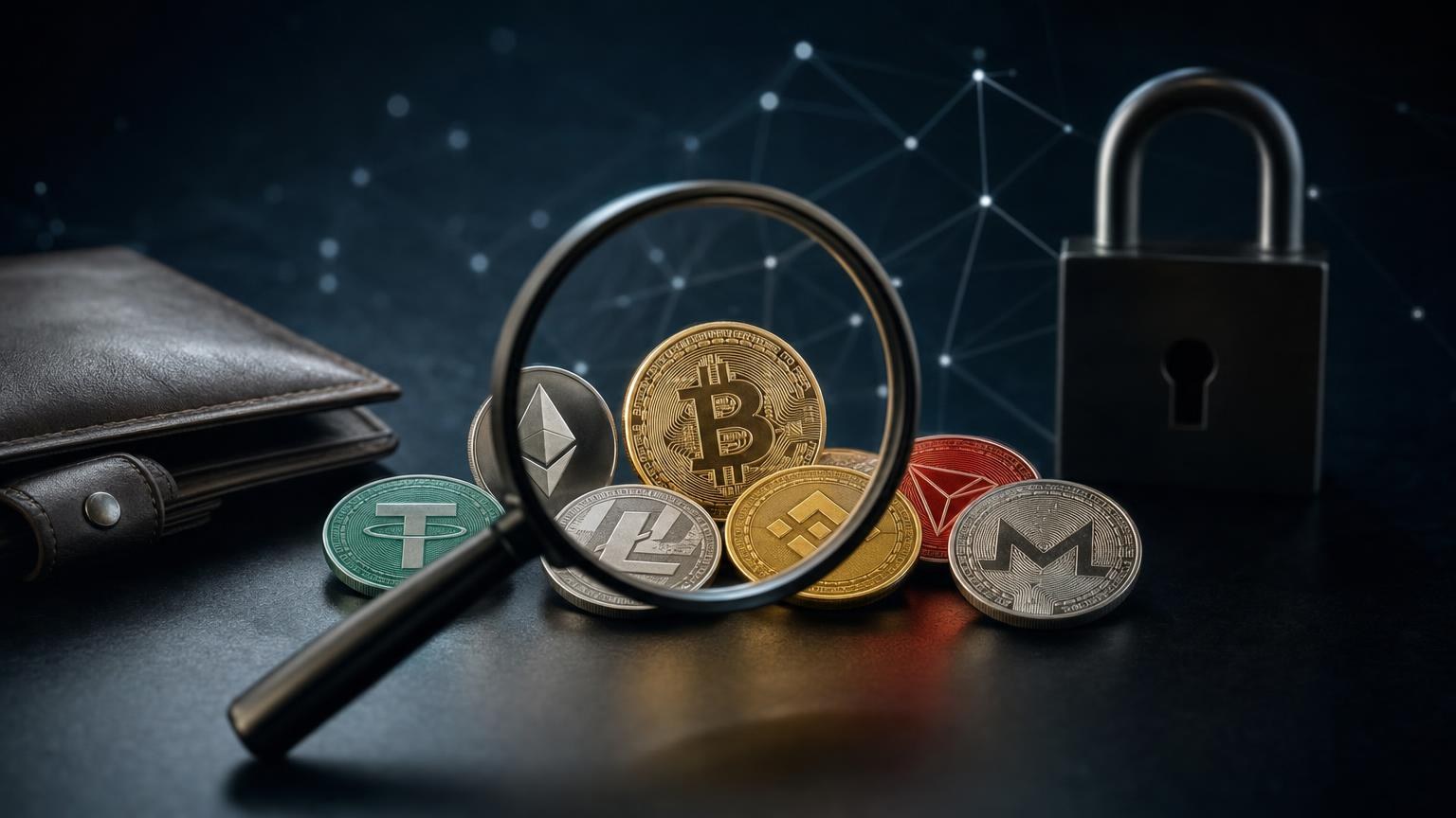 Wallet and exchange screens displaying an address, blockchain network, fee, amount and transaction confirmation checklist