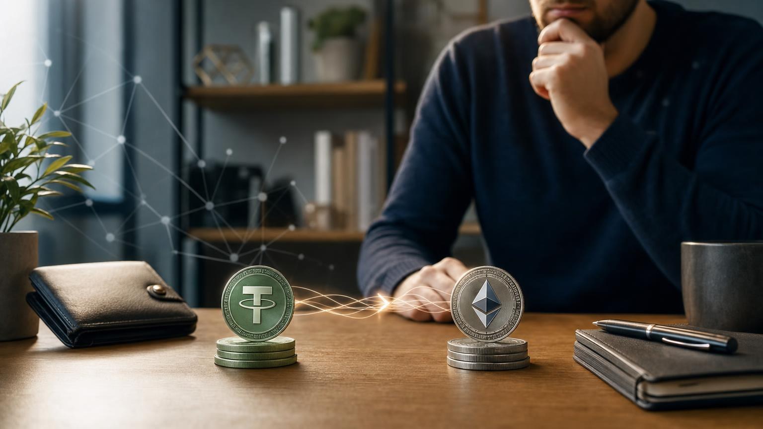 A beginner checks the USDT deposit network, Ethereum withdrawal address, amount, and transaction details before exchanging USDT for ETH